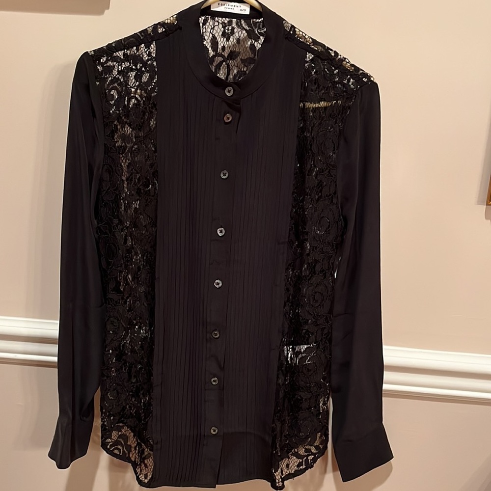 Equipment black button up lace top